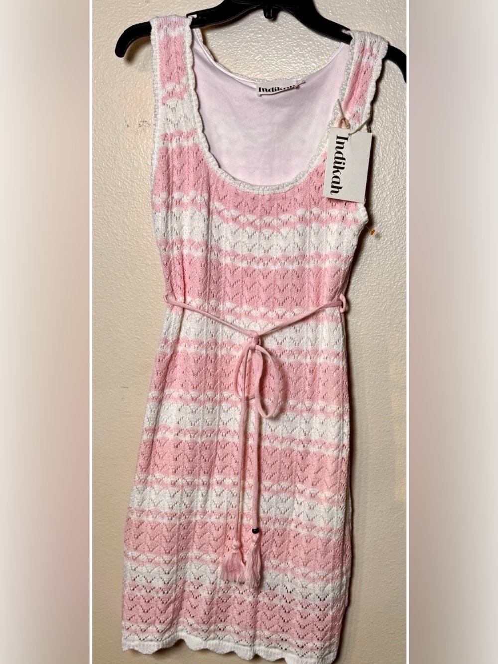 ndikah NWT Size M Pink White Pointelle Knit Belted Midi Dress